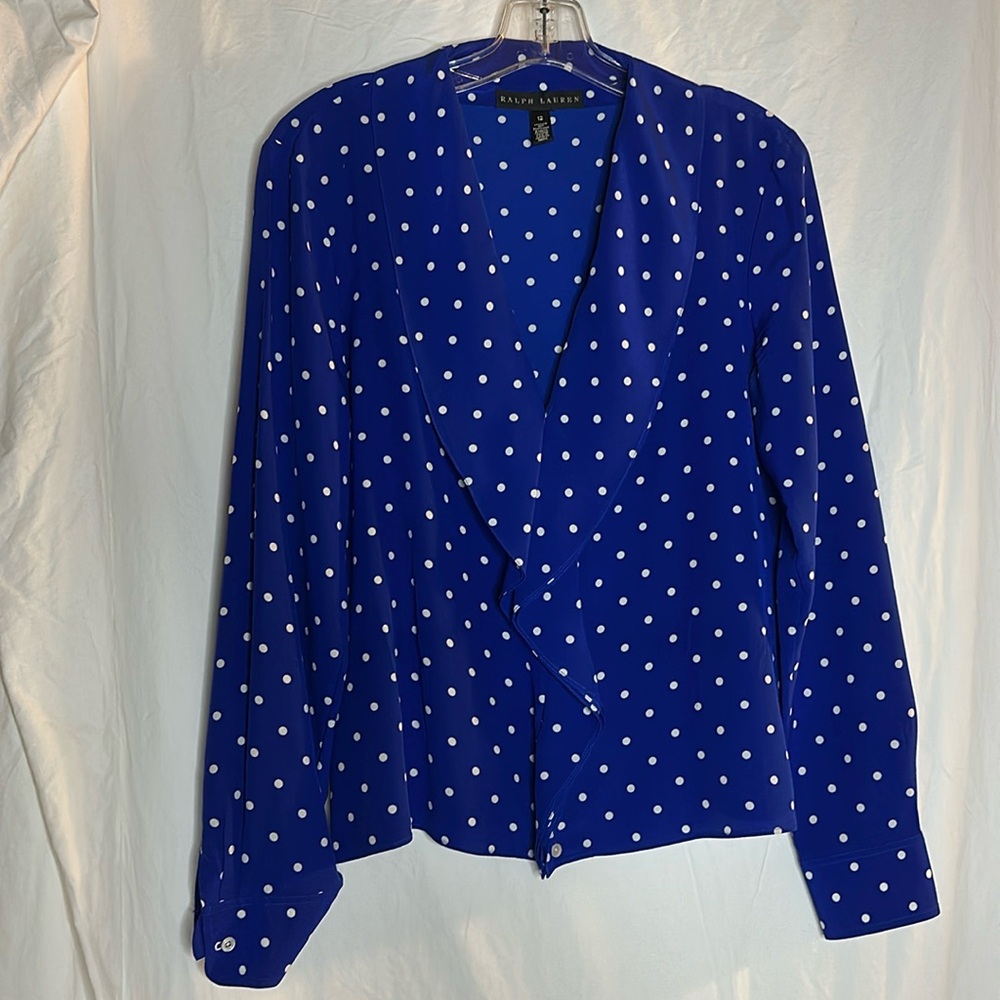 Ralph Lauren blue and white polka dot blouse like new